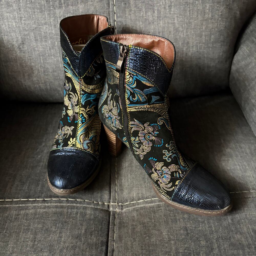 Socofy Boho Steampunk Art-To-Wear Festival Blue/Gold Floral Leaf Ankle Boots 37